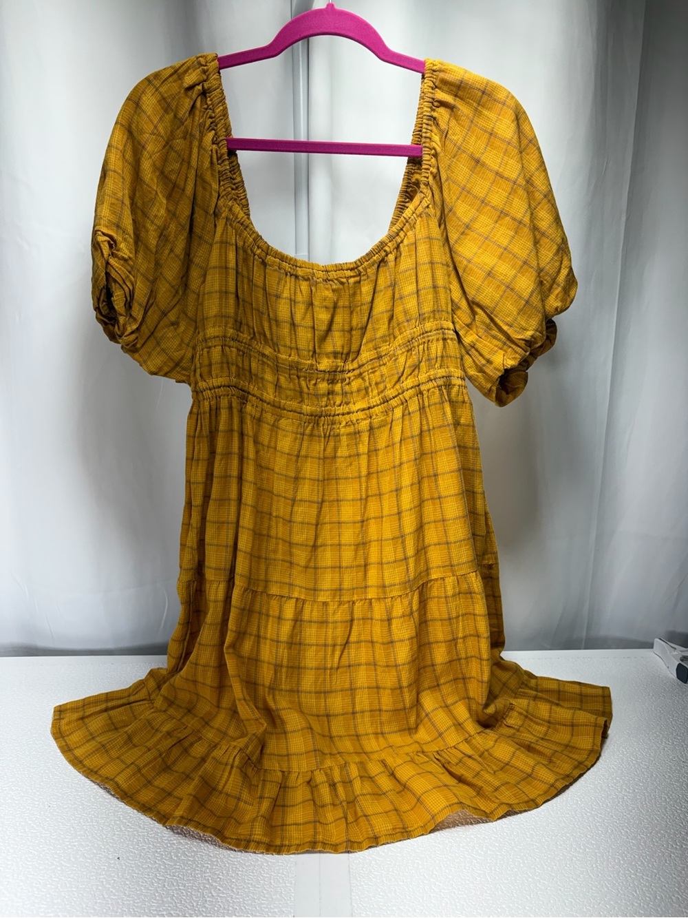 Roxy Yellow Plaid Puff-Sleeve Mini Dress 4502